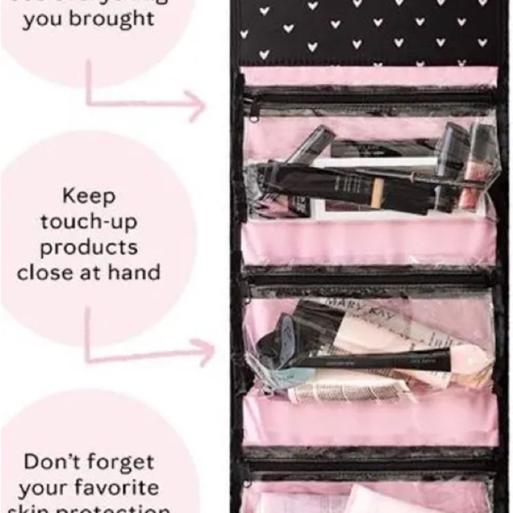 Mary Kay Travel Roll Up Bag Hanging Makeup Organizer New Black with pink Hearts - Picture 4 of 4